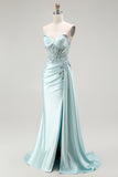 Sparkly Light Green Floral Corset Long Prom Dress with Slit