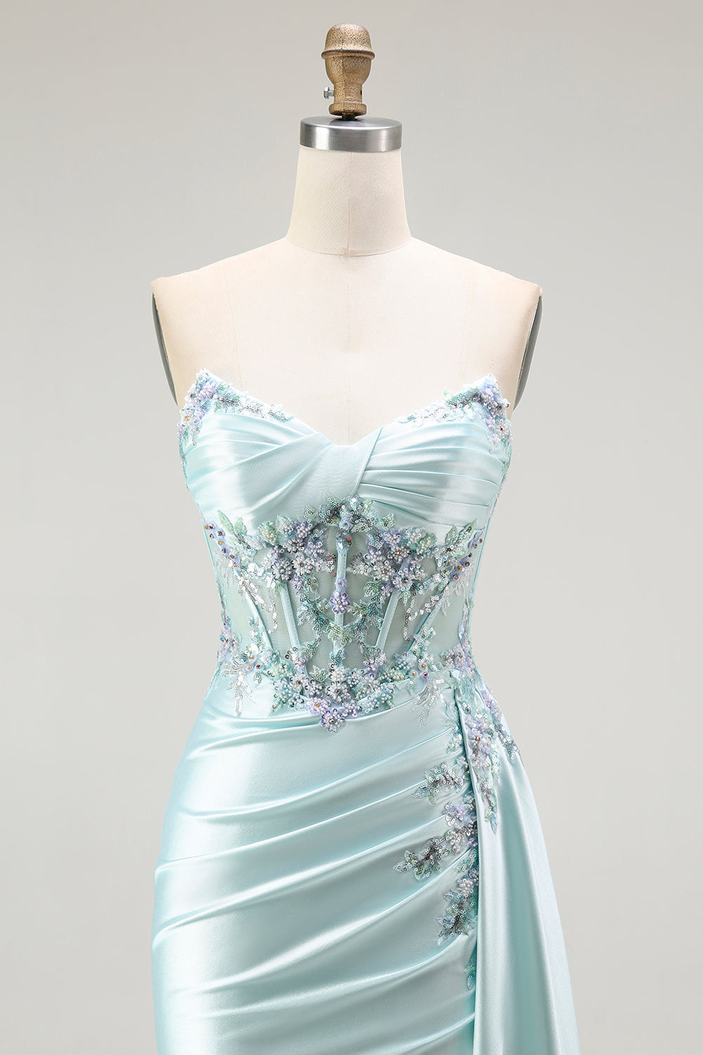 Sparkly Light Green Floral Corset Long Prom Dress with Slit