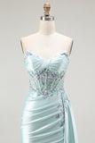 Sparkly Light Green Floral Corset Long Prom Dress with Slit