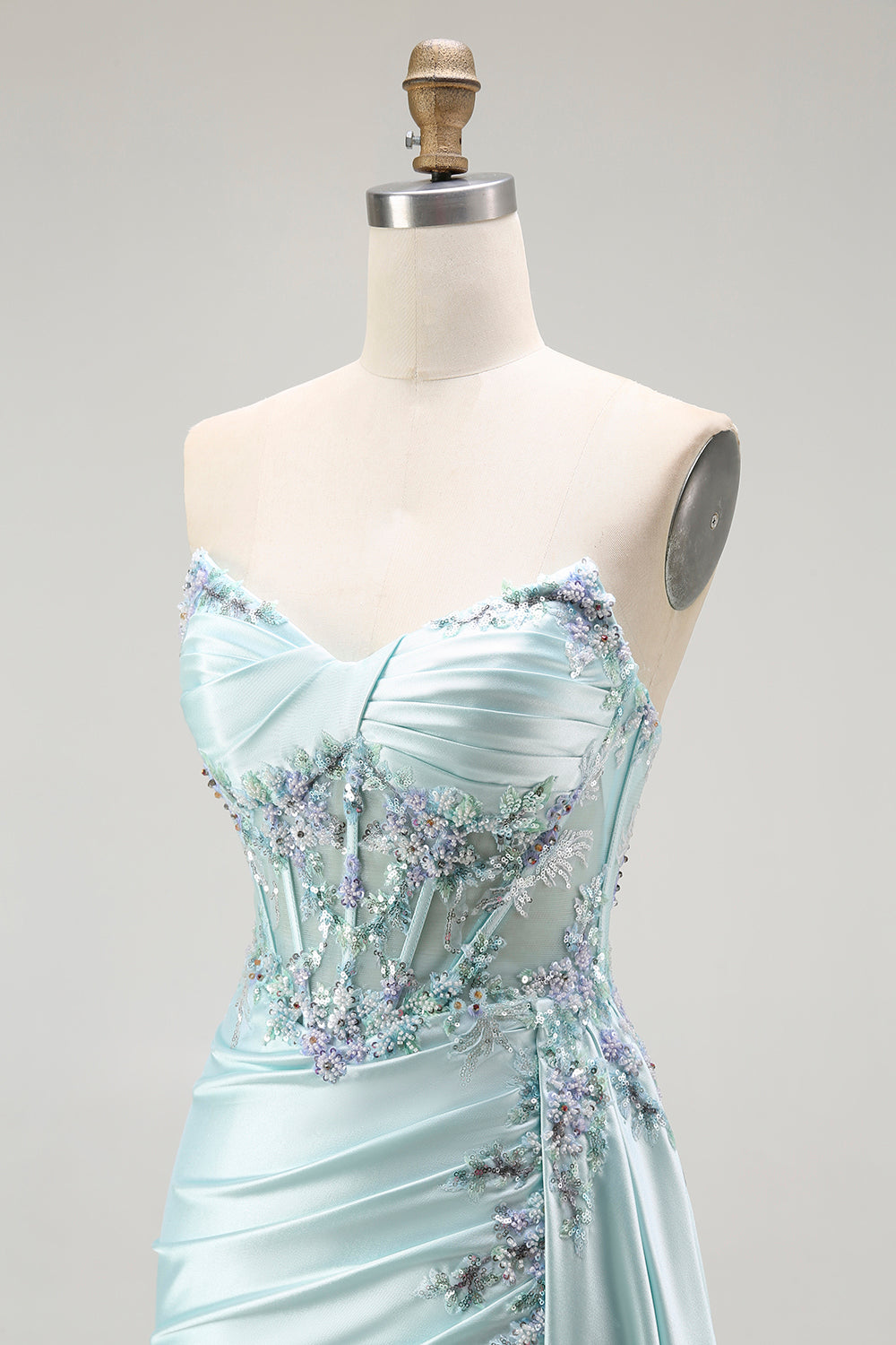 Sparkly Light Green Floral Corset Long Prom Dress with Slit