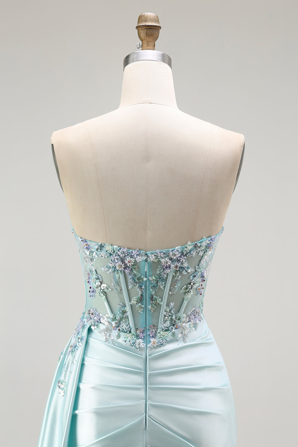 Sparkly Light Green Floral Corset Long Prom Dress with Slit