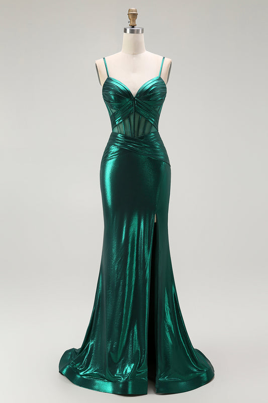 Dark Green Corset Metallic Mermaid Long Prom Dress with Slit
