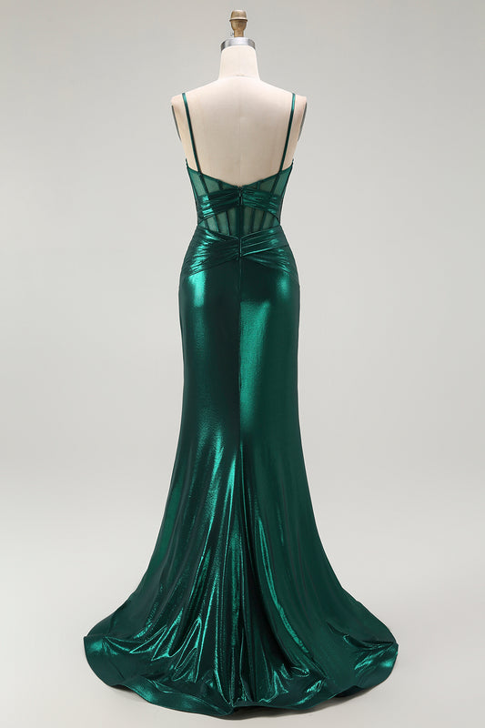 Dark Green Corset Metallic Mermaid Long Prom Dress with Slit