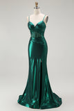 Dark Green Corset Metallic Mermaid Long Prom Dress with Slit
