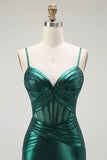 Dark Green Corset Metallic Mermaid Long Prom Dress with Slit