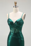 Dark Green Corset Metallic Mermaid Long Prom Dress with Slit