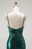 Dark Green Corset Metallic Mermaid Long Prom Dress with Slit