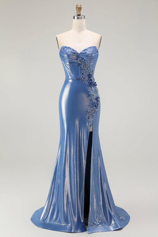 Sparkly Blue Corset Floral Sweetheart Beaded Long Prom Dress with Slit