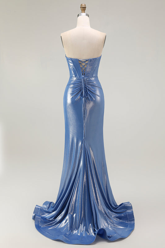 Sparkly Blue Corset Floral Sweetheart Beaded Long Prom Dress with Slit