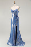 Sparkly Blue Corset Floral Sweetheart Beaded Long Prom Dress with Slit