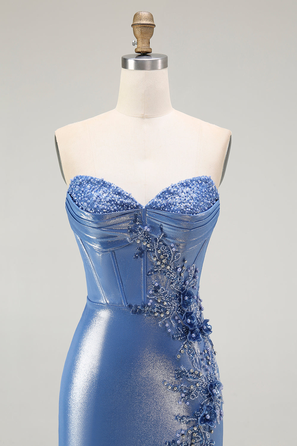 Sparkly Blue Corset Floral Sweetheart Beaded Long Prom Dress with Slit
