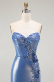Sparkly Blue Corset Floral Sweetheart Beaded Long Prom Dress with Slit