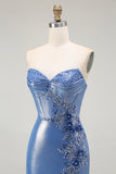 Sparkly Blue Corset Floral Sweetheart Beaded Long Prom Dress with Slit