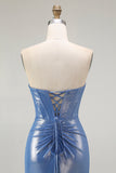 Sparkly Blue Corset Floral Sweetheart Beaded Long Prom Dress with Slit