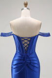 Sparkly Royal Blue Corset Off the Shoulder Long Prom Dress with Slit