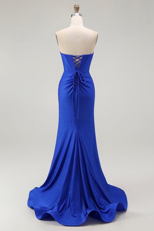 Sparkly Royal Blue Corset Mermaid Floral Long Prom Dress with Beading