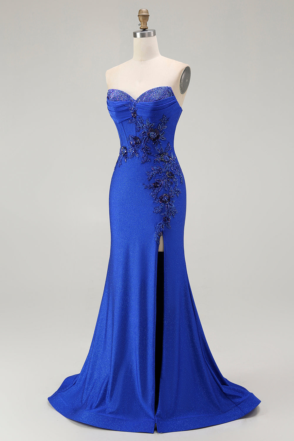 Sparkly Royal Blue Corset Mermaid Floral Long Prom Dress with Beading