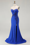 Sparkly Royal Blue Corset Mermaid Floral Long Prom Dress with Beading
