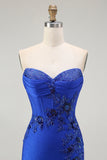 Sparkly Royal Blue Corset Mermaid Floral Long Prom Dress with Beading