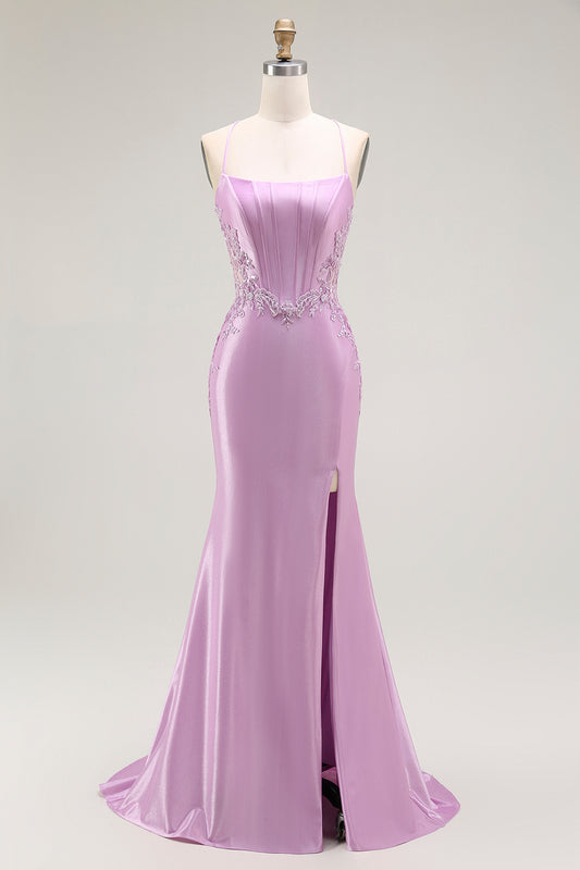 Purple Mermaid Corset Appliqued Long Prom Dress with Slit