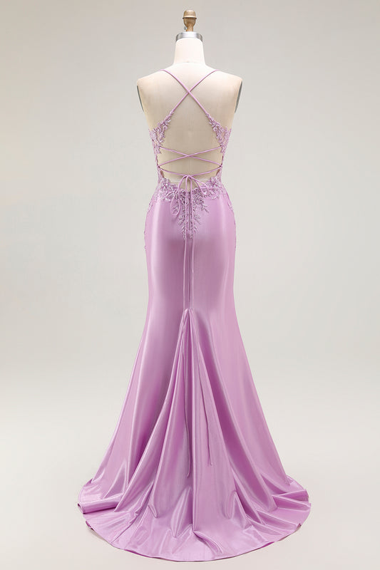 Purple Mermaid Corset Appliqued Long Prom Dress with Slit