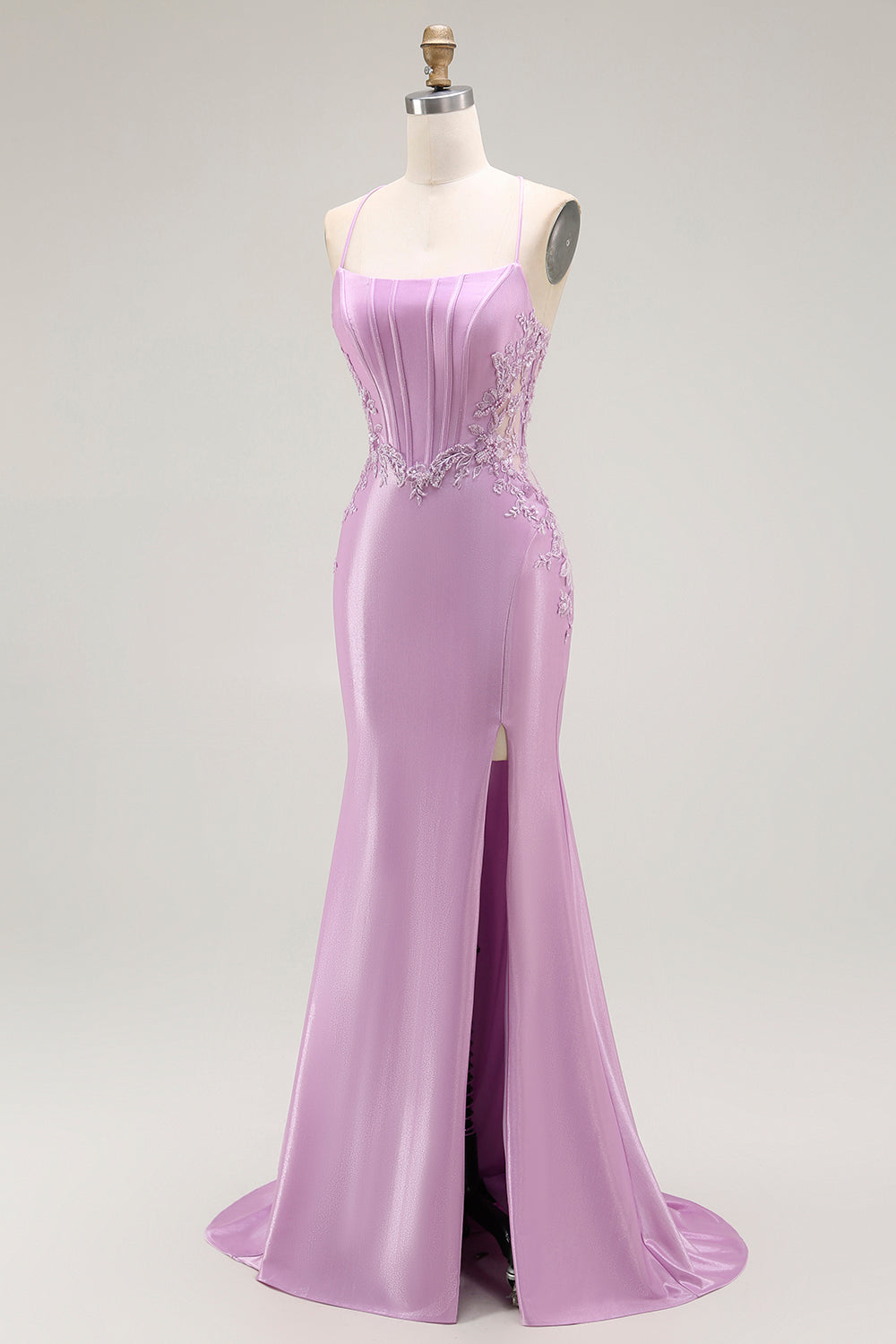 Purple Mermaid Corset Appliqued Long Prom Dress with Slit