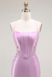 Purple Mermaid Corset Appliqued Long Prom Dress with Slit