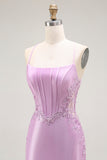Purple Mermaid Corset Appliqued Long Prom Dress with Slit