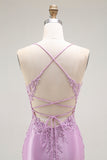 Purple Mermaid Corset Appliqued Long Prom Dress with Slit