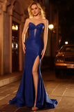 Sparkly Royal Blue Mermaid Ruched Long Corset Prom Dress with Slit