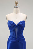 Sparkly Royal Blue Mermaid Corset Long Prom Dress with Beading