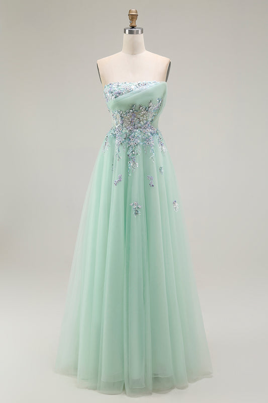 Green Strapless A Line Floral Long Prom Dress with Appliques