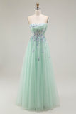 Green Strapless A Line Floral Long Prom Dress with Appliques