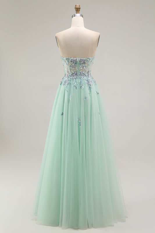 Green Strapless A Line Floral Long Prom Dress with Appliques