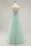Green Strapless A Line Floral Long Prom Dress with Appliques