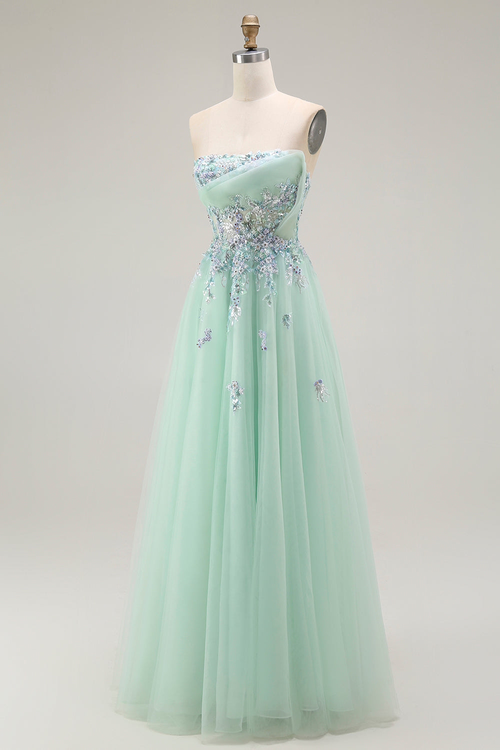 Green Strapless A Line Floral Long Prom Dress with Appliques