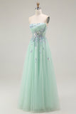 Green Strapless A Line Floral Long Prom Dress with Appliques