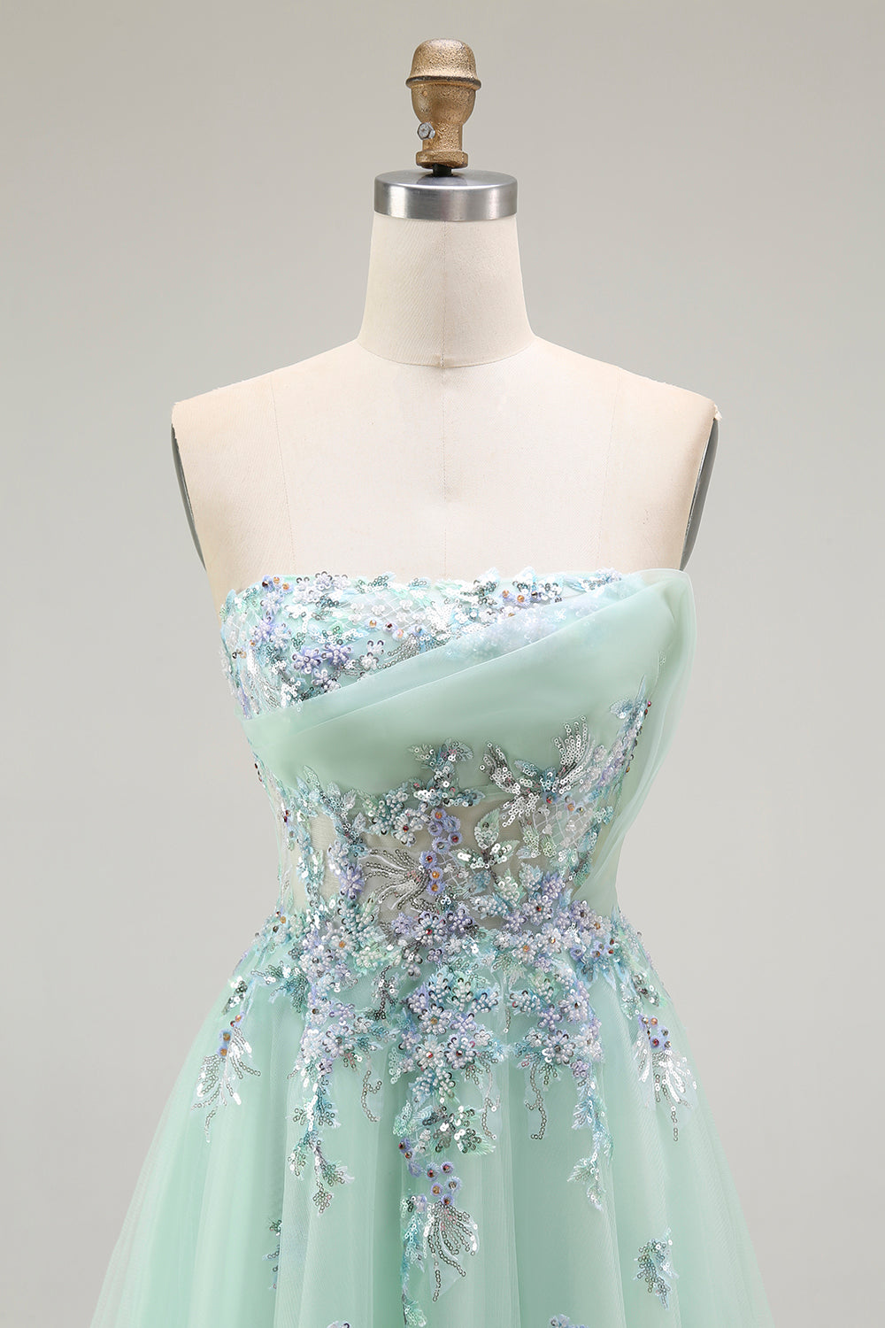 Green Strapless A Line Floral Long Prom Dress with Appliques