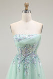 Green Strapless A Line Floral Long Prom Dress with Appliques