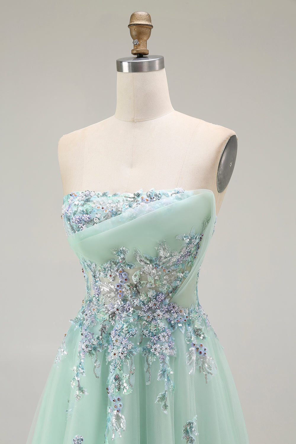 Green Strapless A Line Floral Long Prom Dress with Appliques