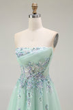 Green Strapless A Line Floral Long Prom Dress with Appliques