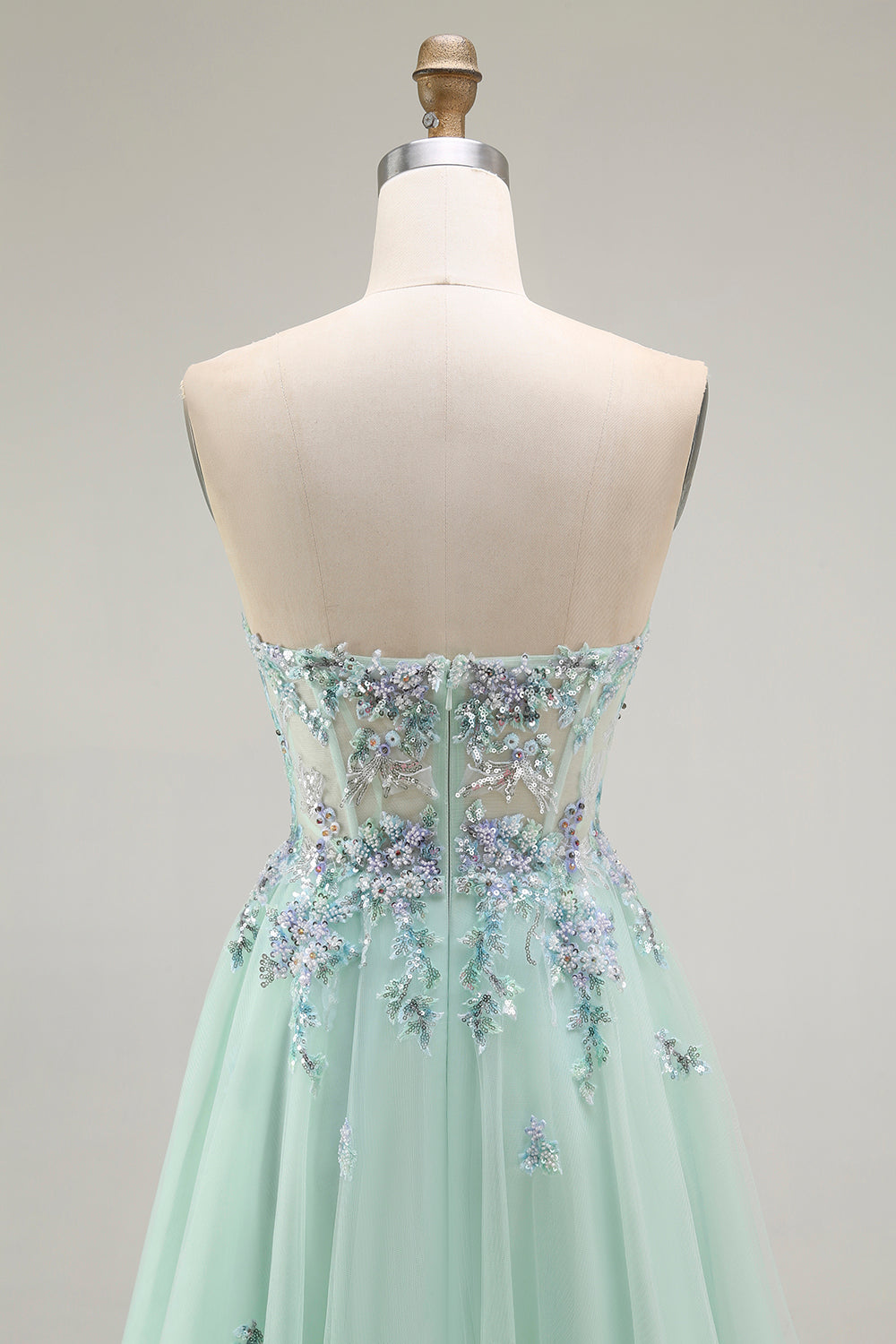 Green Strapless A Line Floral Long Prom Dress with Appliques