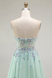 Green Strapless A Line Floral Long Prom Dress with Appliques