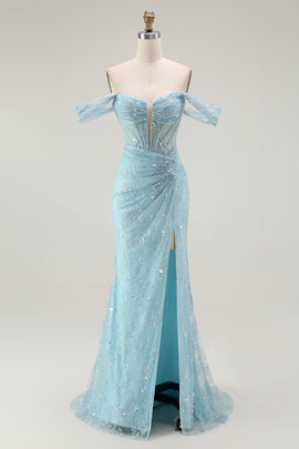 Sparkly Blue Corset Mermaid Off the Shoulder Long Prom Dress with Slit