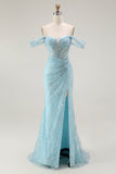 Sparkly Blue Corset Mermaid Off the Shoulder Long Prom Dress with Slit