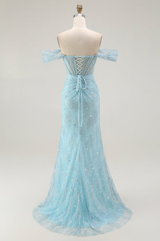 Sparkly Blue Corset Mermaid Off the Shoulder Long Prom Dress with Slit