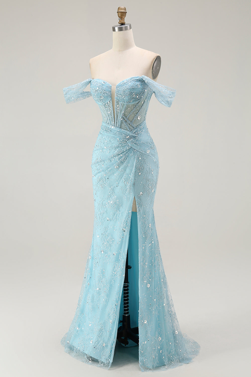 Sparkly Blue Corset Mermaid Off the Shoulder Long Prom Dress with Slit
