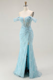 Sparkly Blue Corset Mermaid Off the Shoulder Long Prom Dress with Slit