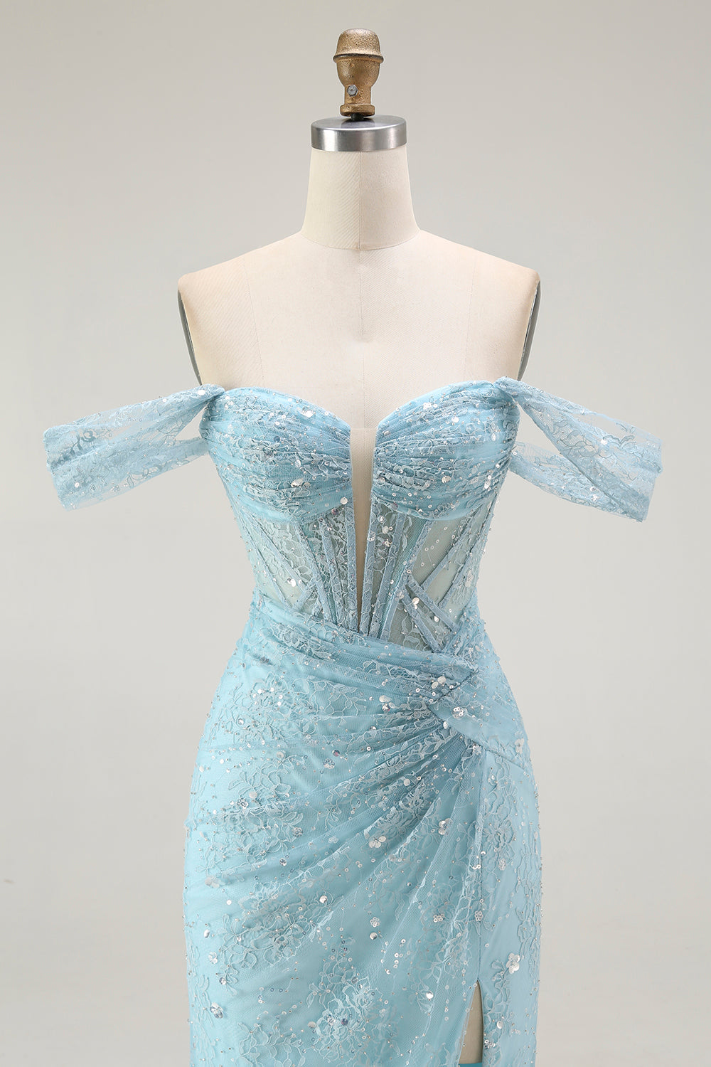 Sparkly Blue Corset Mermaid Off the Shoulder Long Prom Dress with Slit