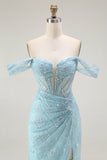 Sparkly Blue Corset Mermaid Off the Shoulder Long Prom Dress with Slit